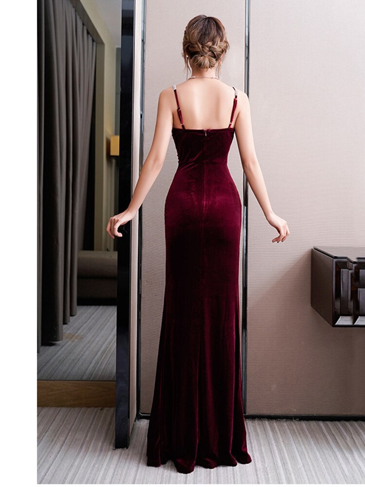 Diamond encrusted Evening Gown Night Long Dress Velvet Temperament