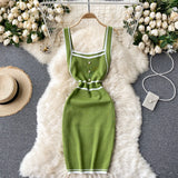 Pearl Button Knit Mini Women Summer Sleeveless Square Neck Tank Dress Contrat Color Trim Sexy Bodycon Dress
