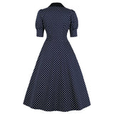 Navy Blue Polka Dot Cotton Puff Sleeve High Waist Robe Pin Up Retro Vintage Dress