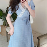 Summer Blue Vintage Sweet Women Lace V-Neck High Waist Stripe Elegant Midi Dress Slim Beach Cusual Party Dress