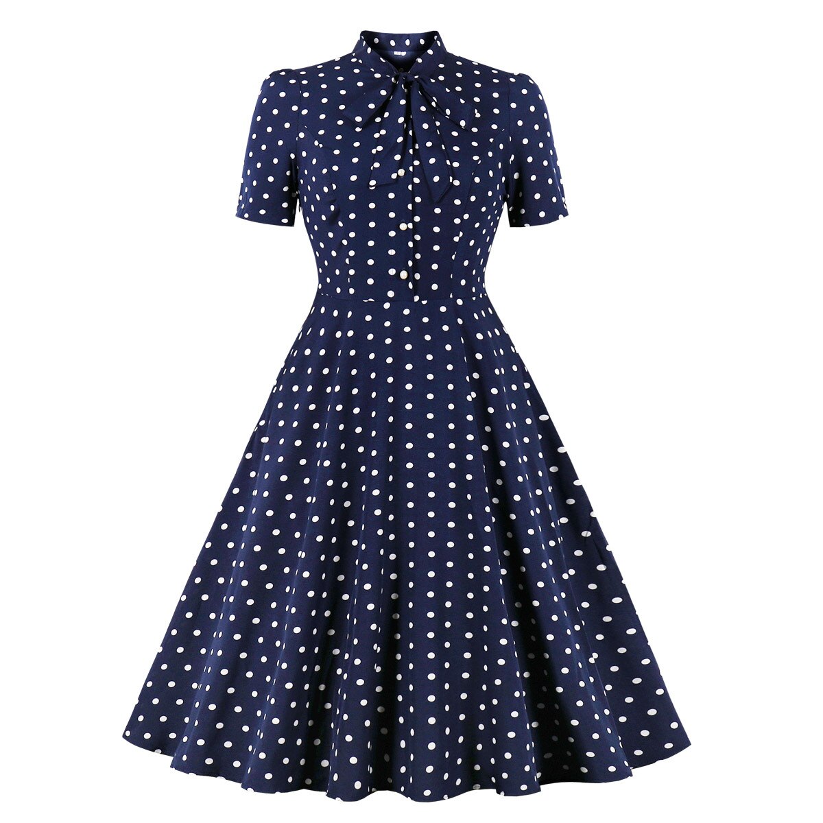 1950s Elegant Navy Blue Polka Dot Short Sleeve Robe Pin Up Swing Retro Party Vintage Dresses