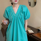 Summer Spring Women French Casual Puff Sleeve Dress Folds V-Neck Loose Solid Midi Vestidos