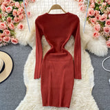 V Neck Long Sleeve Ribbed Knitted Dress Sexy Front Lace Up Slit Bodycon Dress