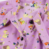 Lilac Women Bow Tie Neck Button Up High Waist Ruffles Hem Colorful Print Elegant Office Ladies Dresses