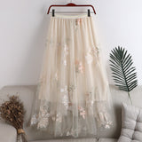 Women Elastic High Waist Tutu Mesh Casual Sweet A-Line Embroidery Floral Skirts