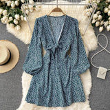 Spring Autumn Women Deep V Neck Tie Bow Print Casual Dress Elegant Vintage Long Sleeve Mini Dress