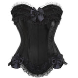 Sexy Satin Lace overlay Overbust Corset Top Zipper Side Bowknot Decorated Clubwear Showgirl Body Shaper Plus Size S-6XL