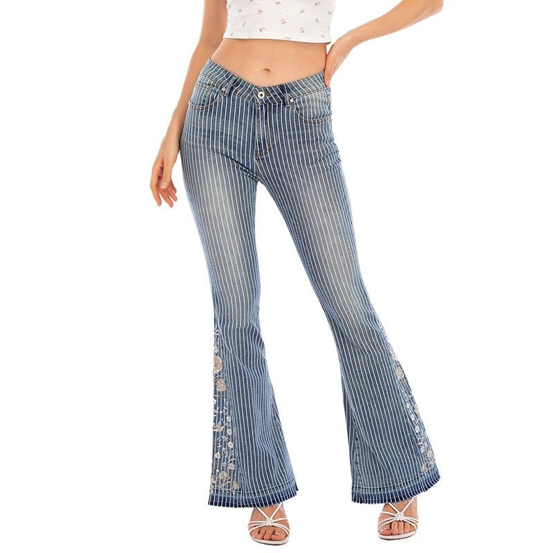 Skinny Striped Flare Denim Pants Women Floral Embroidered Vintage Zipper Fly Frayed Hem Slim Jeans