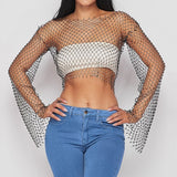 Glitter Diamonds Fishnet T-shirt Women Long Sleeve O Neck Sexy Hollow Out See Through Club T Shirt Tops Tees