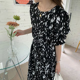 2021 Summer New O Neck  Women Short Sleeve Dress Elegant Hit Color Female Lace-up Printed Midi Dress Vestidos