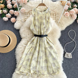Beach Chiffon Floral Summer Dress Round Neck Sleeveless Casual Mini Dress With Belt