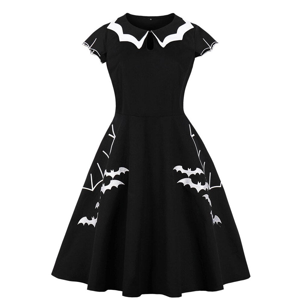 Black And White Summer Cotton Hollow Out Bat Embroidery Robe Pin Up Swing Retro Party Vintage Dress