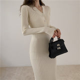 Elegant V-Neck Single-Breasted Women Solid Sweater Dress OL Style Long Sleeve Knitted Slim Midi Dress