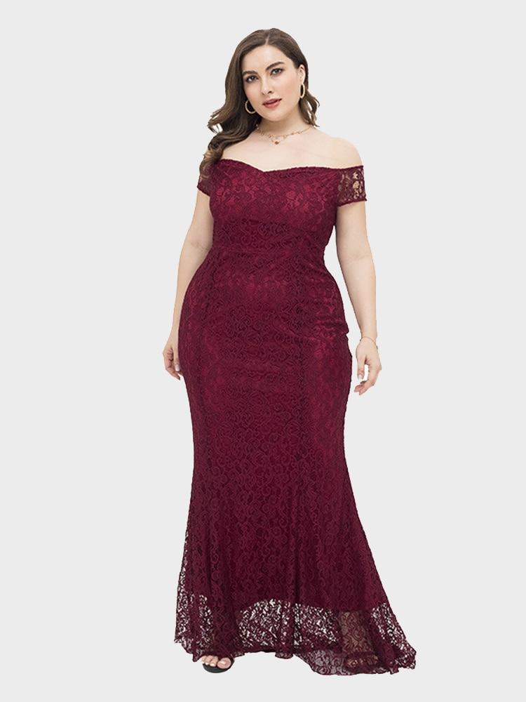 Off shoulder Lace Evening Dress Plus size Women Full Gowns Short Sleeve Mermaid Formal Robe