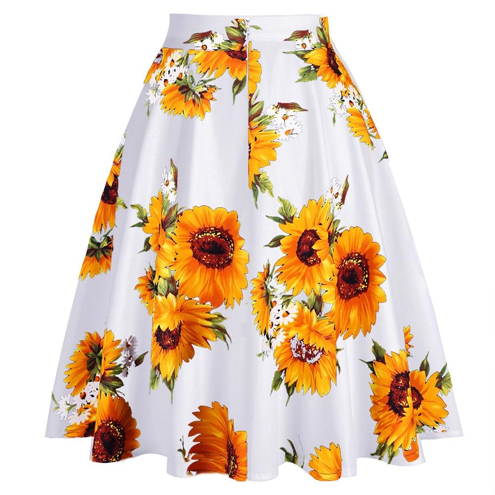 2021 Cotton Retro Vintage Women Swing Skirt Sunflower Printed Plus Size A-Line Knee-Length High Waist Big Swing 60s 50s Skirts