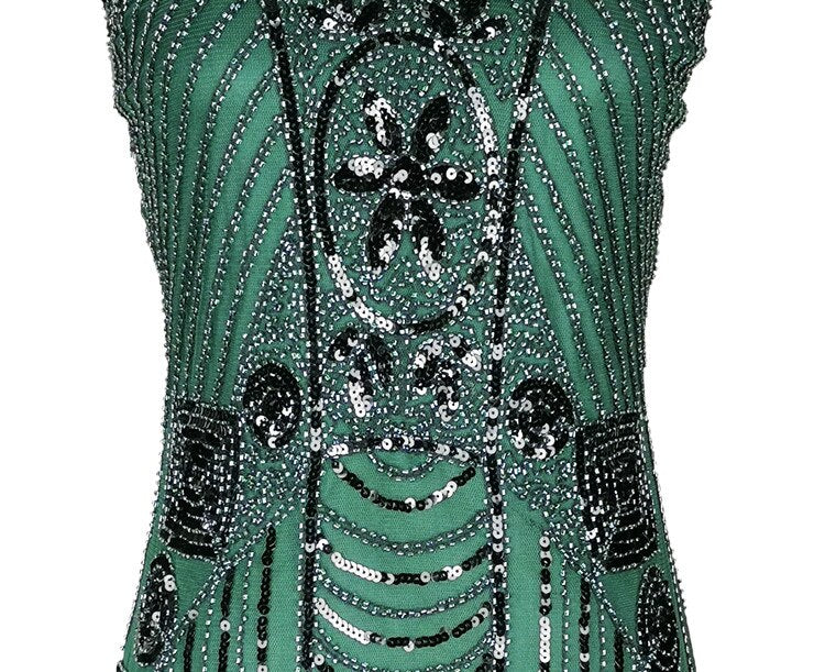 Vintage 1920s Flapper Beaded Sequin Party V-Neck Sleeveless Art Deco Charleston Dress