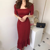 New 2021 Women Spring Summer Square Collar Dress Cotton Linen Elegant Lace Up Dresses