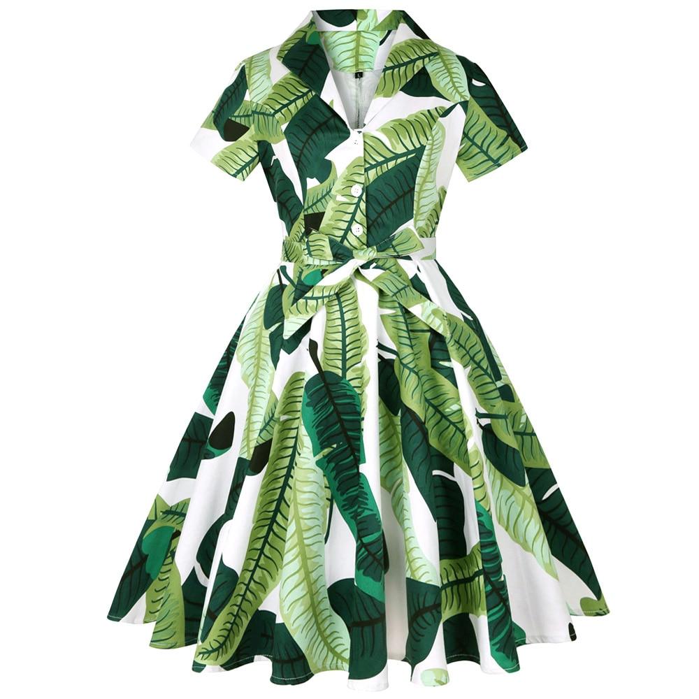 Green Leaf Print Cotton Pinup Swing Women Dress with Belt 4XL 3XL Plus Size 50's 60s Retro Vintage Dress Costume Party Clothing