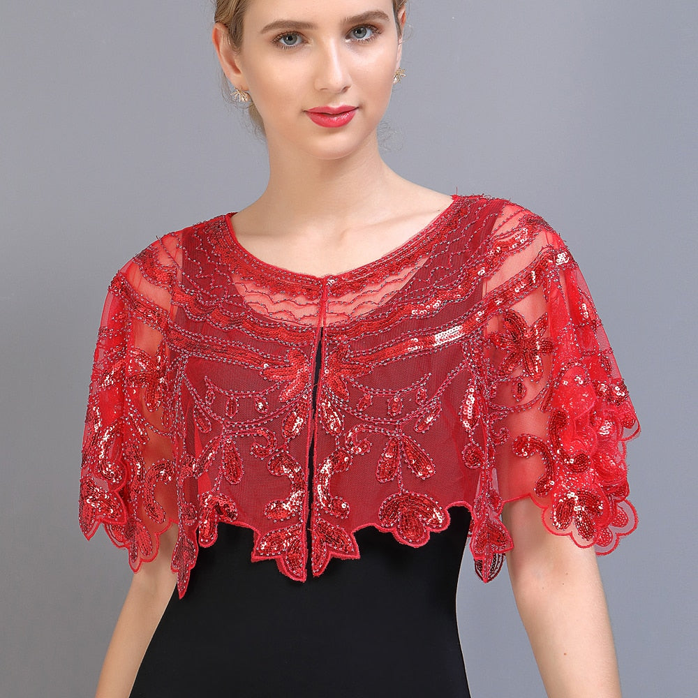 Women Vintage 1920s Embroidery Mesh Shawl Beaded Sequin Bolero Flapper Evening Cape Great Gatsby Party Cover Up for Dress