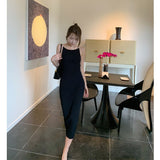 Fashion Women Maxi Black Dress Sexy Pearl Sling Sleeveless Dresses Knitted Backless Long Dress