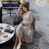 2021 Spring Women Elegant Korean Print Long Chiffon Dress Robe V Neck Lace Up Maxi Female Dresses