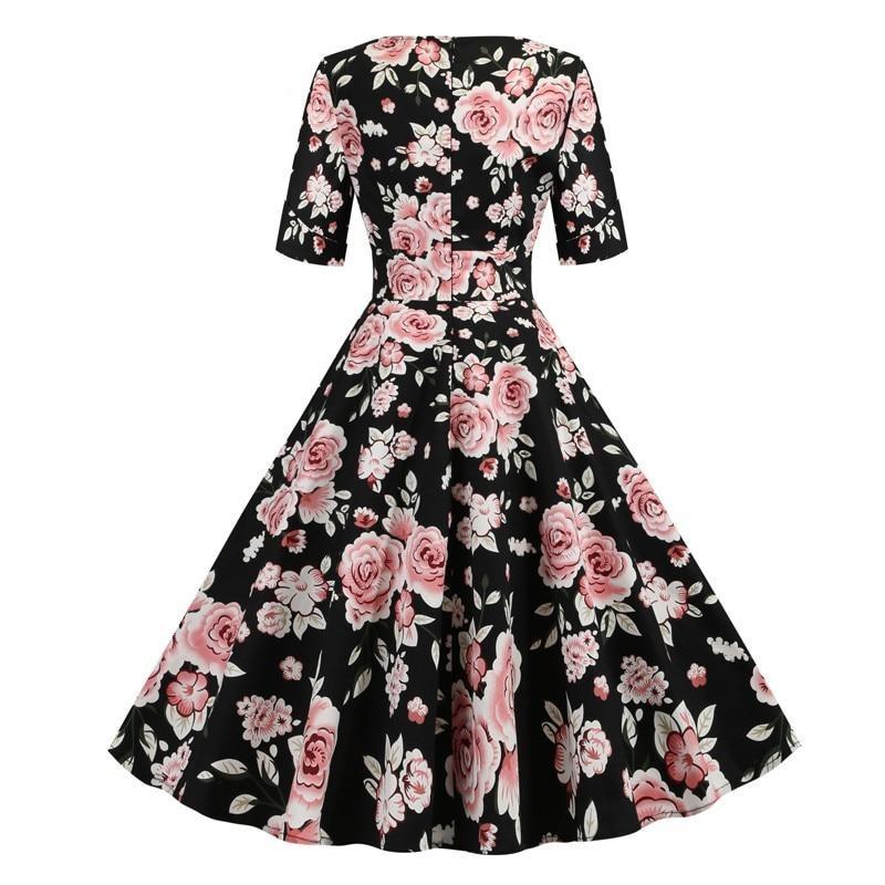 Retro Ruched V Neck Wrap Vintage Floral High Waist Summer Half Sleeve Elegant Party Pinup Midi Dress