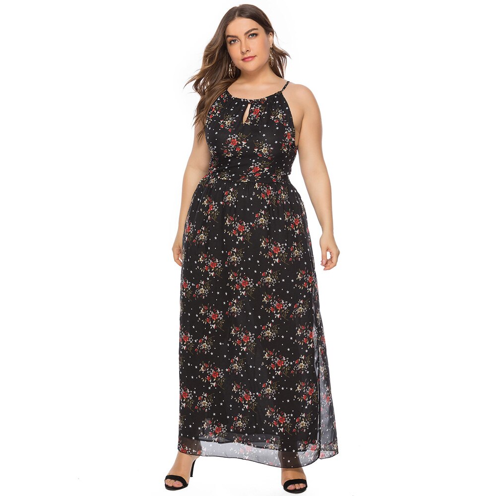 Sexy Plus Size Women Boho Chiffon Black Floral Print Sleeveless Long Maxi Bohemian Dress