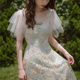 Summer Floral Dress Women Elegant Vintage Retro Fairy Dress Casual Slim Fit Embroidered Lace Korean Sweet Dress
