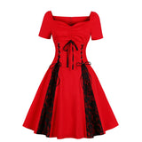 2021 Gothic Women Lace Party Dress With Bow Red Black Retro Vintage Streetwear 50s 60s Swing Patchwork Casual Rockabilly Dresses