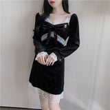 Black Patchwork Vintage Dress Women Lcae Bow Elegant Koean Party Dress Female High Street Casual Sexy Designer Gothic Dress 2021