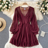 Ruffle Hem Chiffon Dress Spring Fall V Neck Long Sleeve Elastic Waist Casual Mini Dress