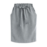 Women Elastic High Waist Pocket Skirt Cotton Linen Bodycon Skirts