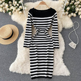 Autumn Winter Midi Round Neck Long Sleeve Elegant Striped Knitted Dress Sexy Bodycon Dress