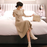 Winter Women Solid Knee-Length Knit Sweater Dress Ruffled Sleeves Slim Dress Elegant Ladies Party Dress