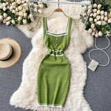 Pearl Button Knit Mini Women Summer Sleeveless Square Neck Tank Dress Contrat Color Trim Sexy Bodycon Dress