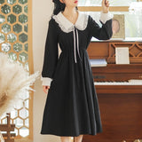2021 Winter Black Gothic Dress Women Party One Piece Dress Korean Fashion Vintage Midi Dress Long Sleeve Lace Kawaii Clothing