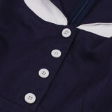 Navy Blue Contrast Collar Button Rockabilly Robe Swing High Waist Elegant Dress