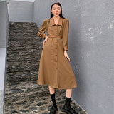 Autumn Women Leather Midi Dress Patchwork Lapel Single-Breasted Lace-up Female Dress Full Sleeve 2021 Ladies PU Vestidos