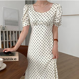 Women  Korean Style Fashion New Slim Fit Print Lantern Sleeve Polka Dot Dresses Casual Wear Clothes Vestidos