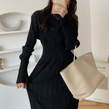 Spring Women Elegant Midi Slim Solid Black Pleated Dress Office Lady Fashion Bodycon Long Sleeve Dress