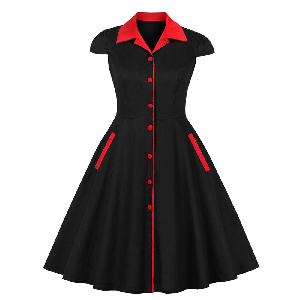 Women Cap Sleeve Black Red Patchwork Robe Pin Up Swing Office Button Dress With Pockets