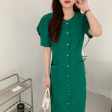 Women Chic Fashion Single-Breasted Elegant Solid Office Lady Ankle-Length Dress Fenimine Vestidos