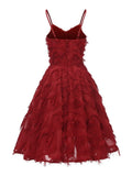 Vintage High Waist A-Line Fringe Red V-Neck Spaghetti Strap Women Party Summer Ladies Slim Dress