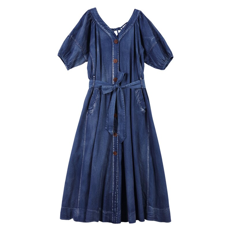 Spring Women Denim Sexy Long Single-breasted V-Neck Lace-up A-Line High Waist Vintage Dress