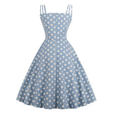 Vintage 50s 60s Retro Cotton Women Summer Spaghetti Strap Swing Blue Polka Dot Dress Sundresses
