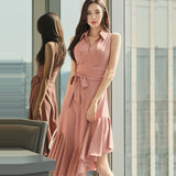 Women Summer Pink Sleeveless Shirt Dress Casual Party Lace-Up Tight Waist Midi Ruffle Dress