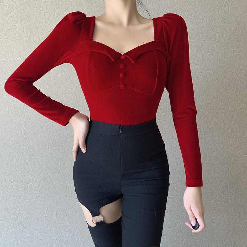 2021 Red Elegant Sweetheart Neck Button Front Vintage T Shirt Puff Sleeve 2021 Women Clothes Velvet Blouse Slim Cropped Tops