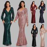 Sexy V-neck Mermaid Evening Dress Long Formal Prom Party Gown Full Sequins Long Sleeve Galadress Vestidos Women Dress