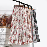 High Waist Floral Print Mid Calf Long Pleated Women Summer Vintage Elegant Chiffon Midi Skirt