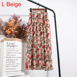 High Waist Floral Print Mid Calf Long Pleated Women Summer Vintage Elegant Chiffon Midi Skirt